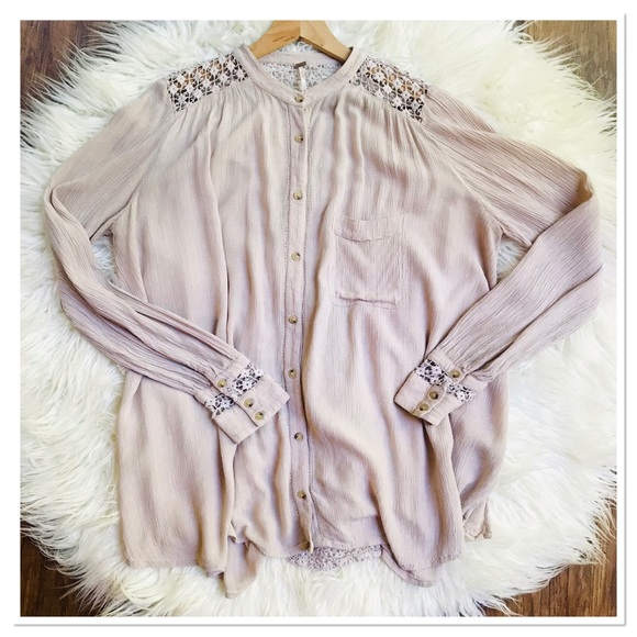 Free People The Best Blouse Top Beige Color See Through Crochet Back Size M - Picture 1 of 7